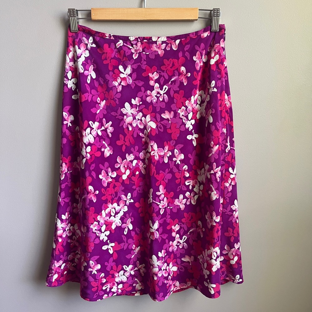 Vintage Ann Taylor Skirt Women's 6 100% Silk Floral Pink 90s Feminine Brunch
